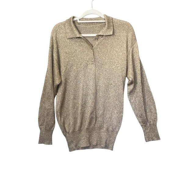 Womens Top Medium Gold Metallic Knit Long Sleeve Collared Pullover Holiday Party - Picture 1 of 8